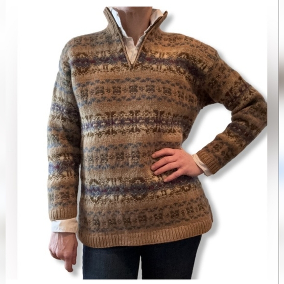 Vintage 90s Jones New York Fair Isle Sweater Wool Blend Hand Knit Brown Womens S